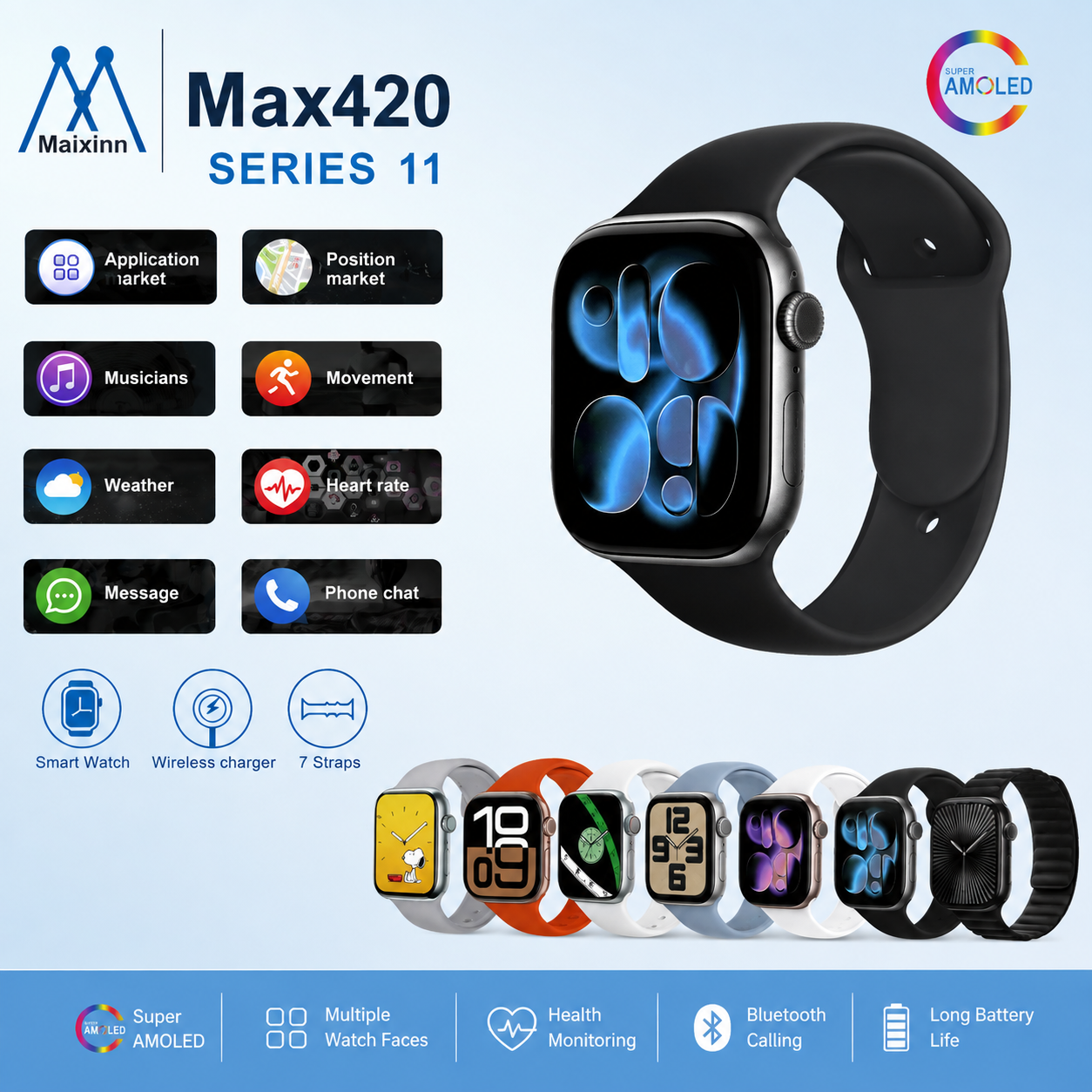 Max420 Series 11 Smart Watch with 7 Straps & Wireless Charger