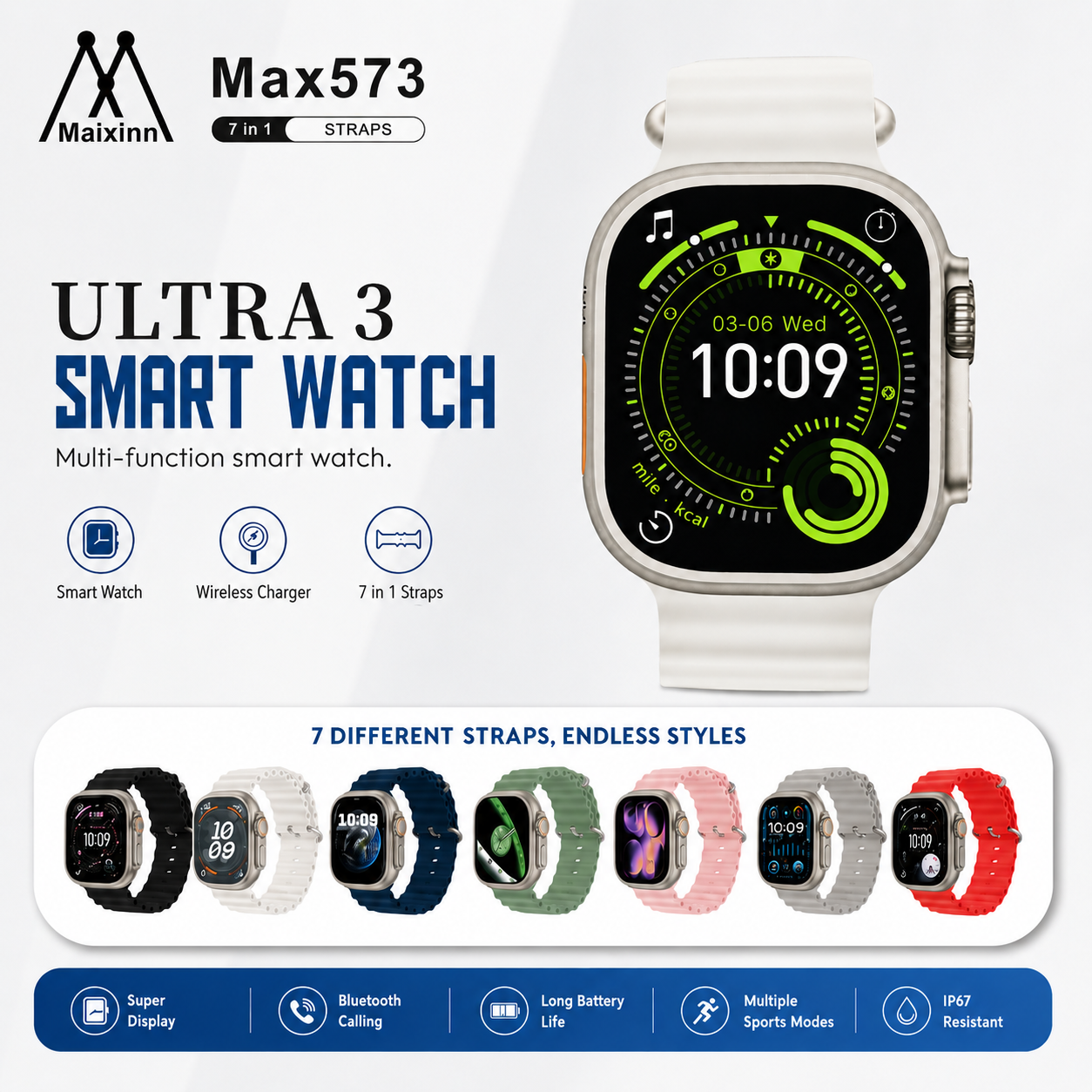 Max573 Ultra 3 Smart Watch – 7-in-1 Straps Wireless Charging