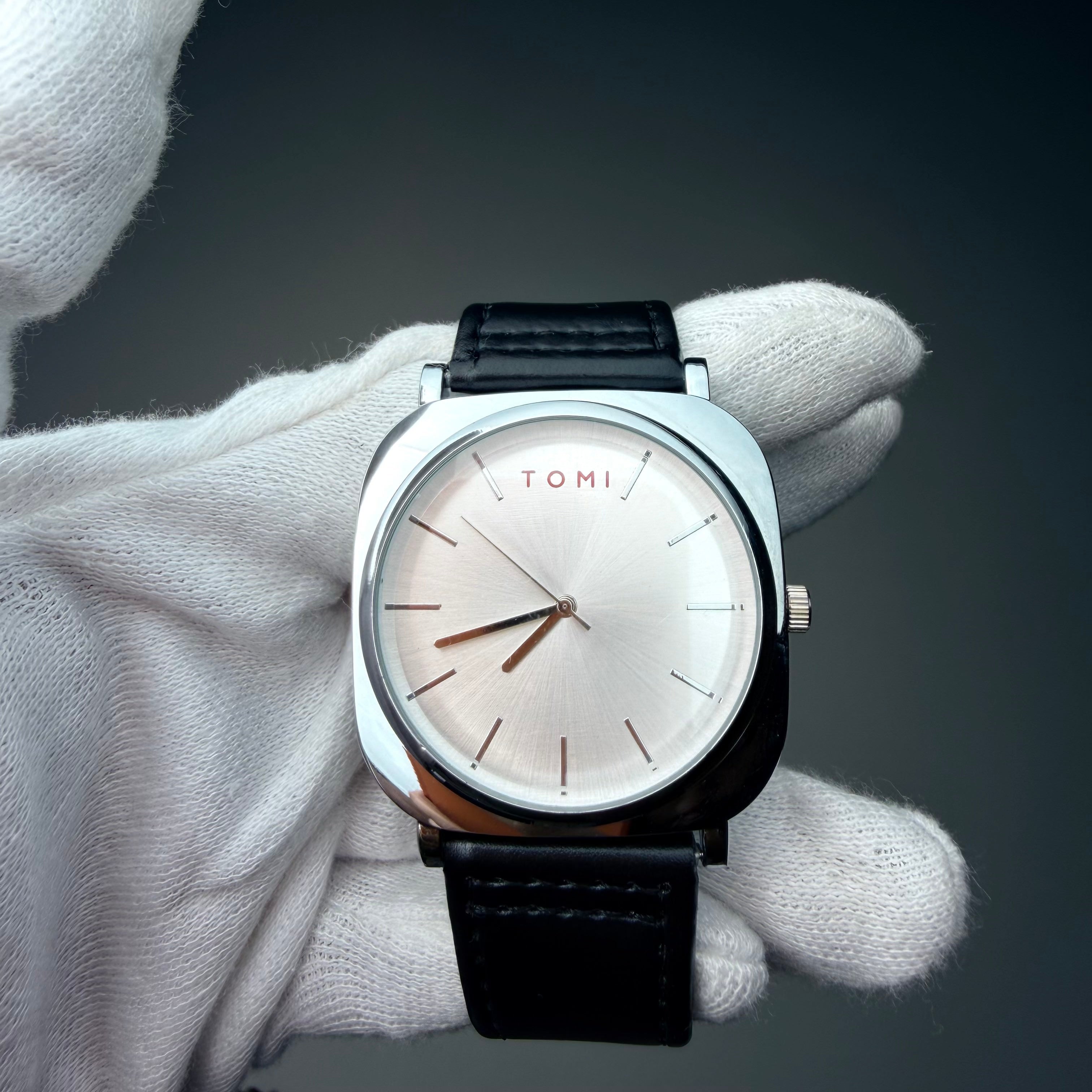 TOMI Silver Dial Classic Watch with Black Strap