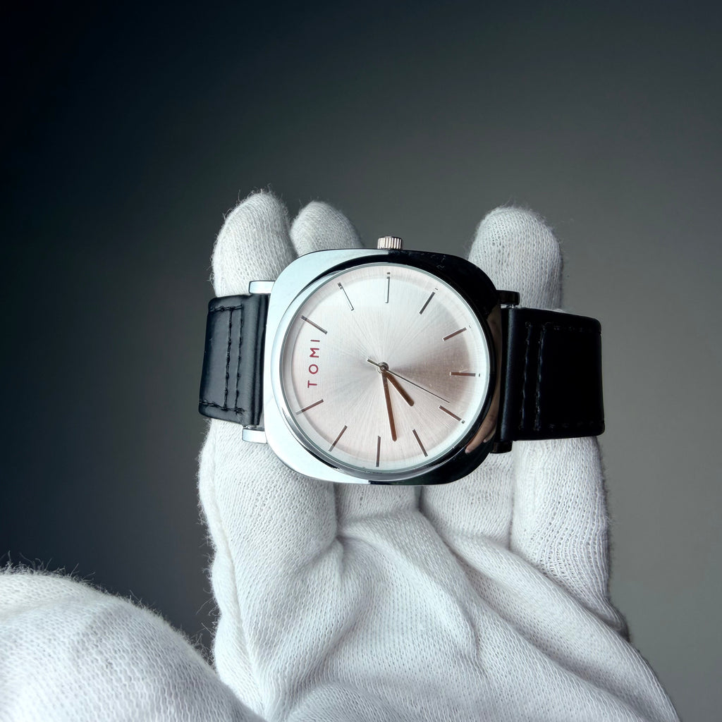 TOMI Silver Dial Classic Watch with Black Strap