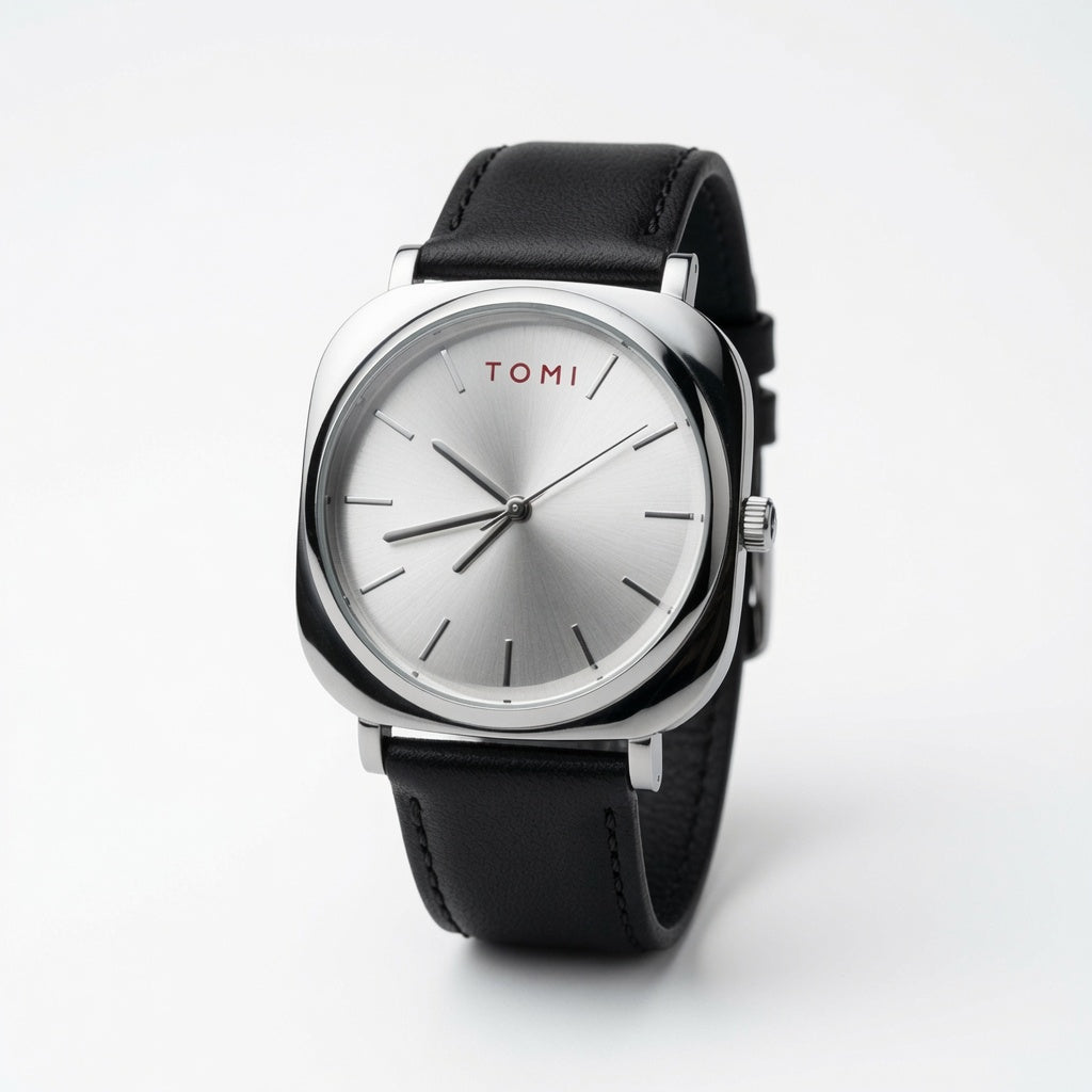 TOMI Silver Dial Classic Watch with Black Strap