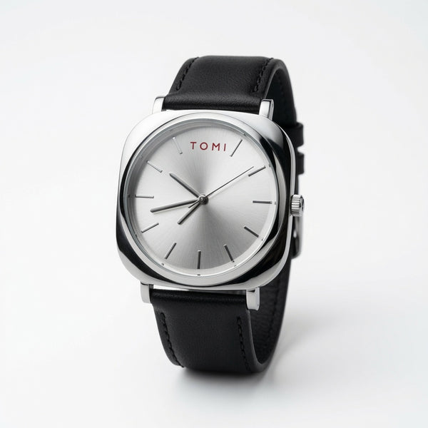 TOMI Silver Dial Classic Watch with Black Strap