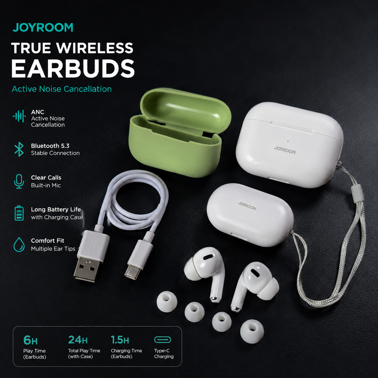 JOYROOM Wireless Earbuds with Active Noise Cancellation (ANC) – Charging Case & Extra Ear Tips