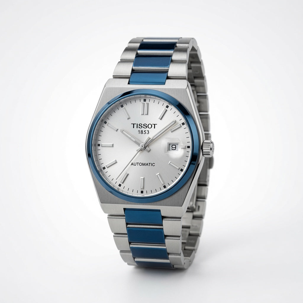 Blue & Silver Stainless Steel Men’s Watch – Premium Analog Date Watch (Automatic)